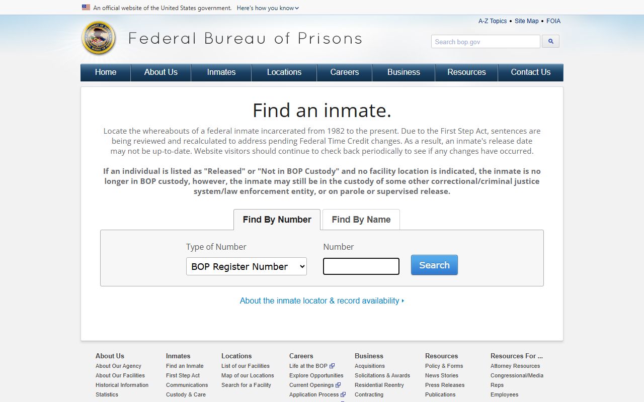 Federal Bureau of Prisons inmate locator search tabs