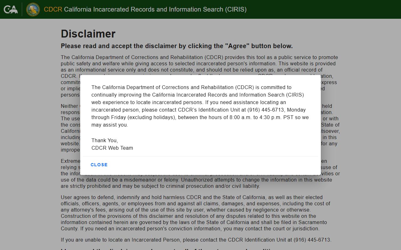 CDCR CIRIS incarcerated person search interface