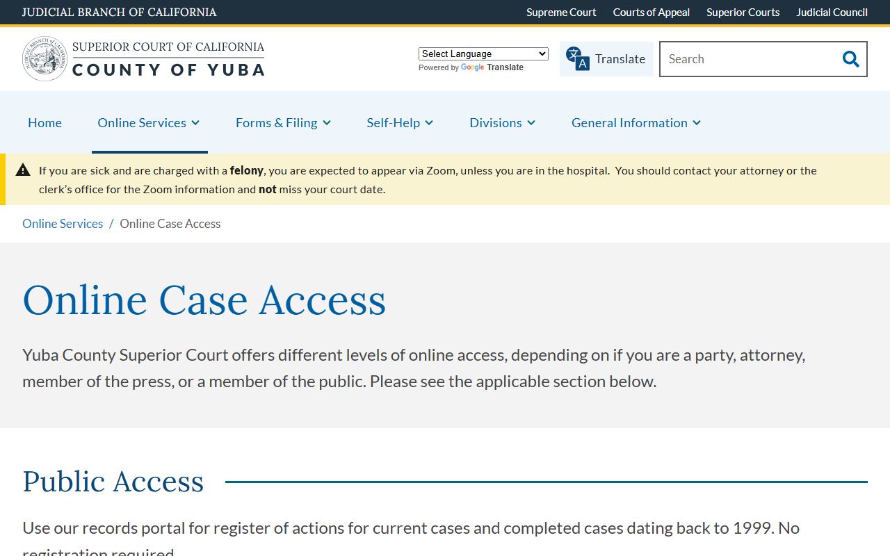 Yuba Superior Court online case access page