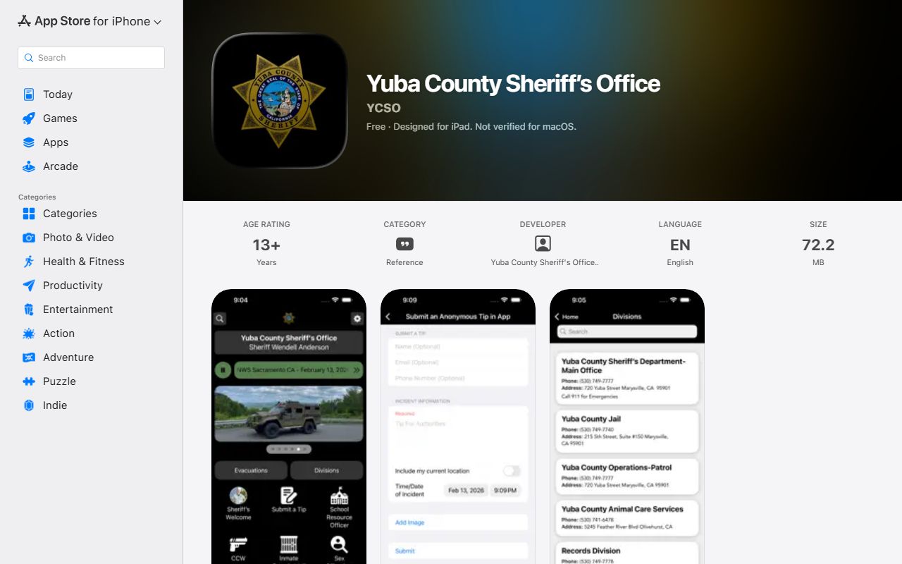 Yuba County Sheriff's Office iOS app listing