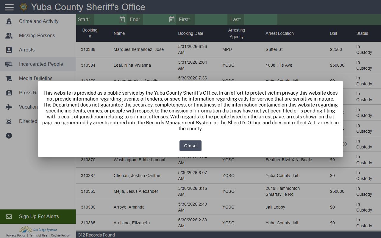 Yuba County inmate population Citizen RIMS incarcerated people search
