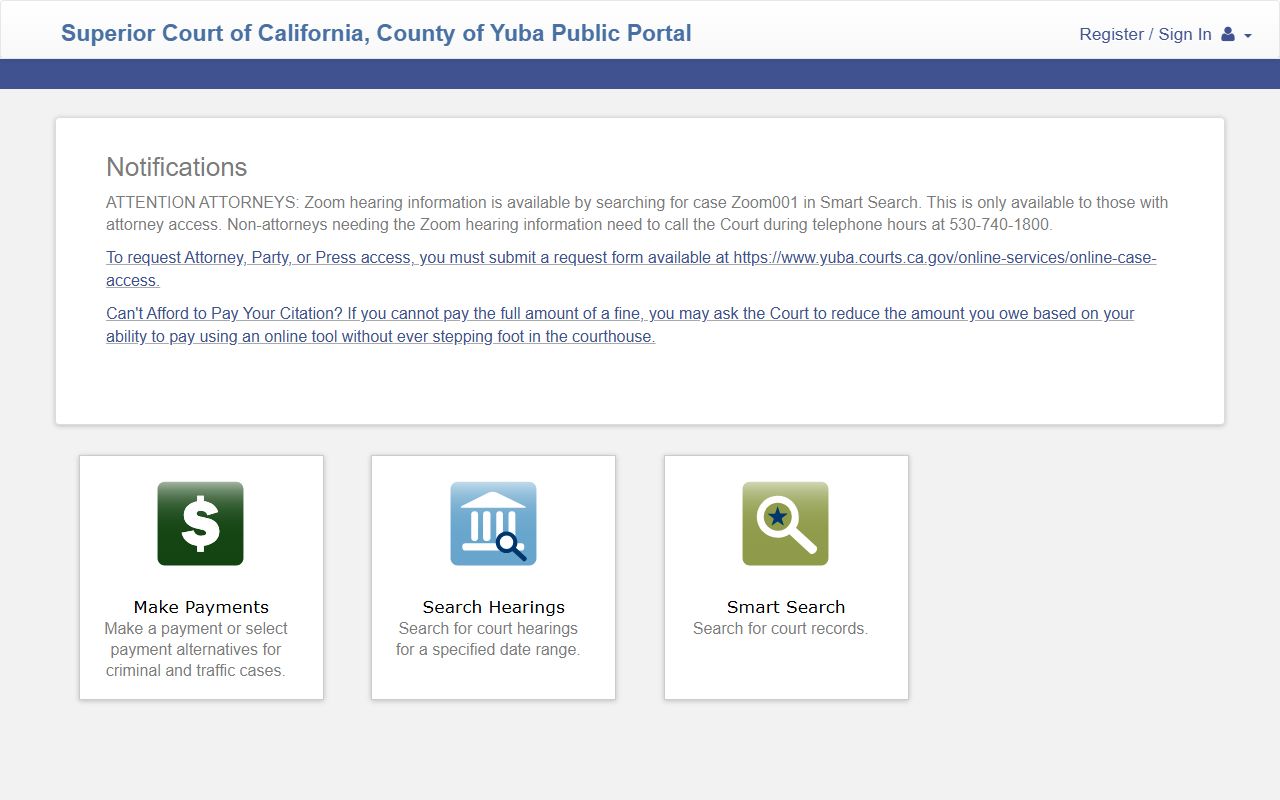 Yuba County Tyler court portal home page