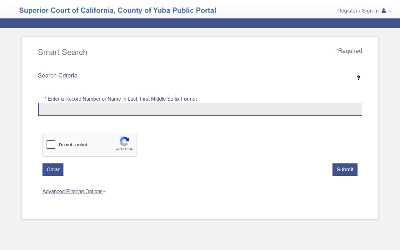 Yuba Superior Court Smart Search fields