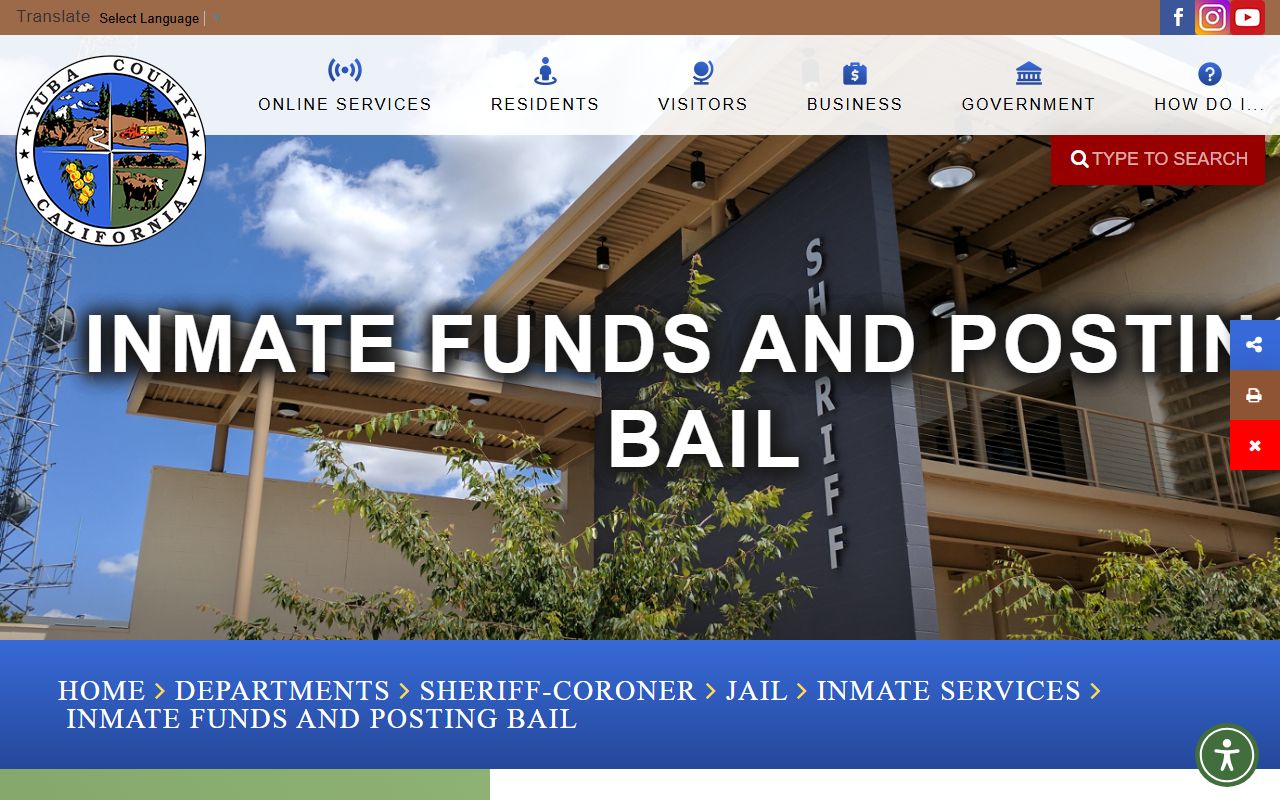 Yuba County inmate funds and bail instructions