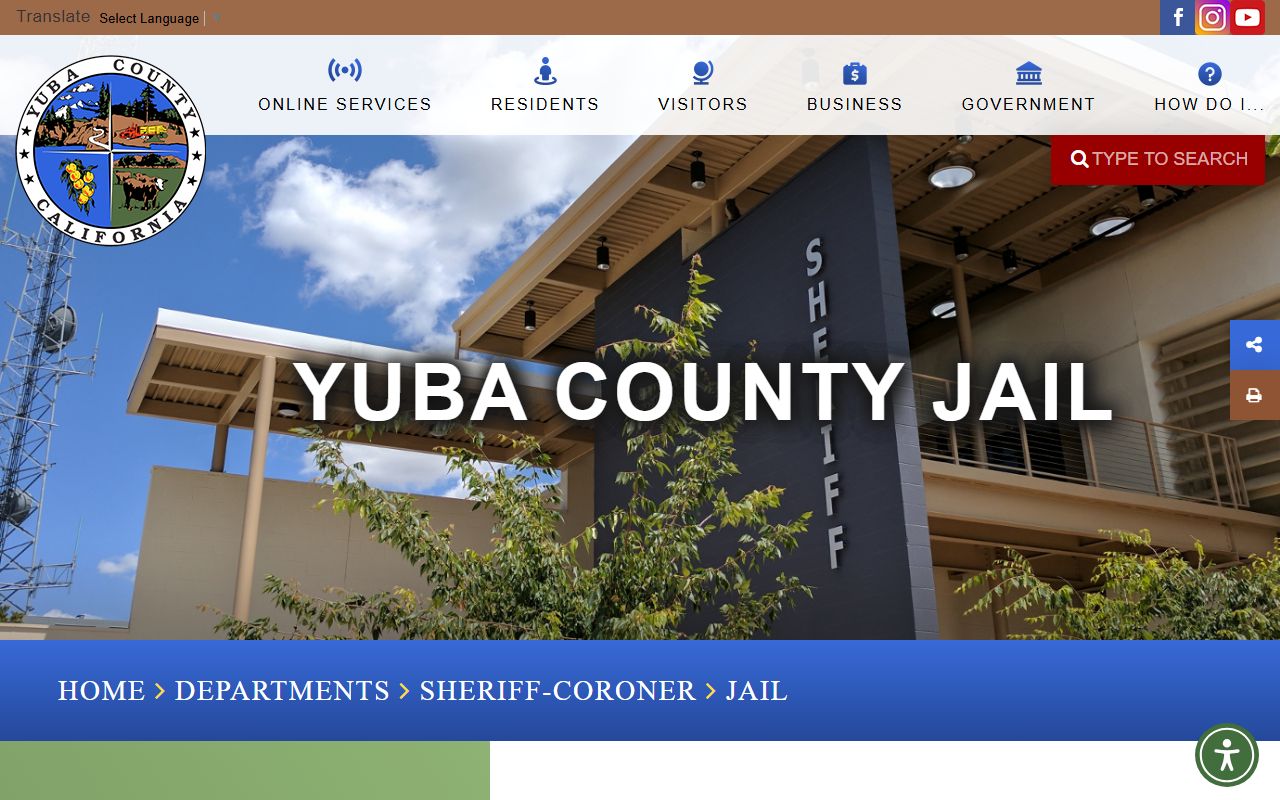 Yuba County Jail page for inmate population and custody information